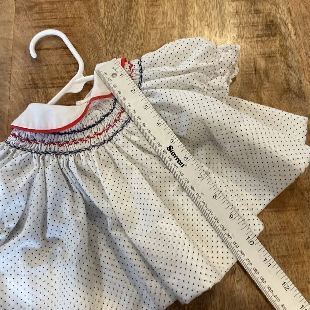 Vintage The Smockery Red White Polka Dot Smocked Dress Size Puff Sleeves 3-6M